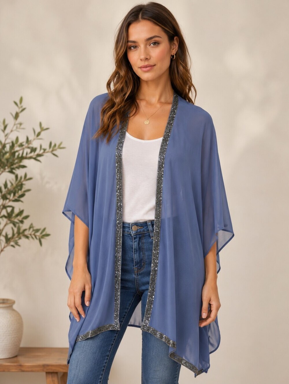 Bishop + young beaded kimono blue sheer cover up Women's Size Medium / Large
